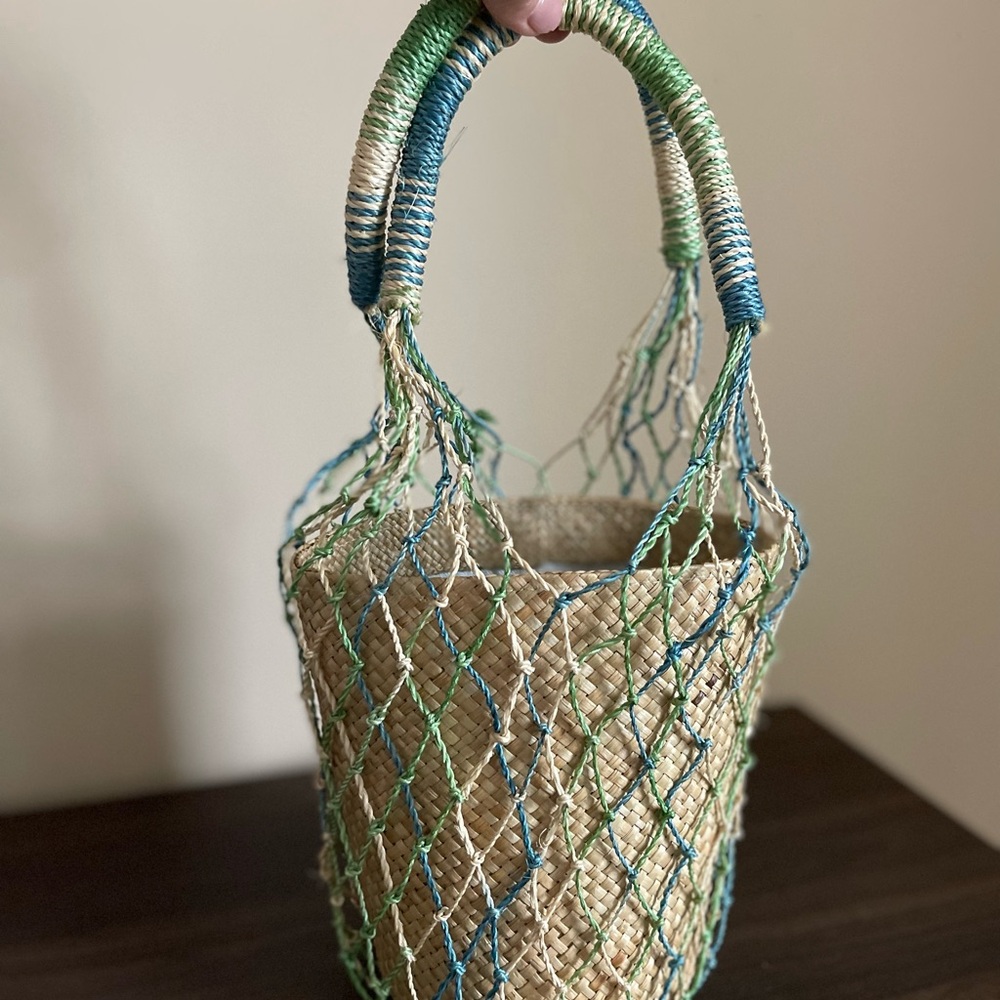 Aqua Woven Basket with Blue and Green Netting